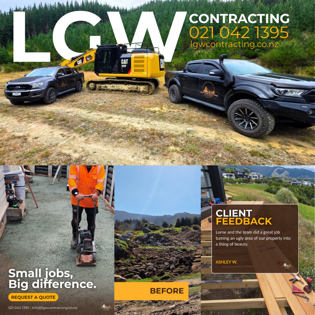 LGW Contracting brand shot
LGW Contracting vehicles and excavator on a job site in Nelson Tasman, showcasing Snap Marketing client branding and digital presence results